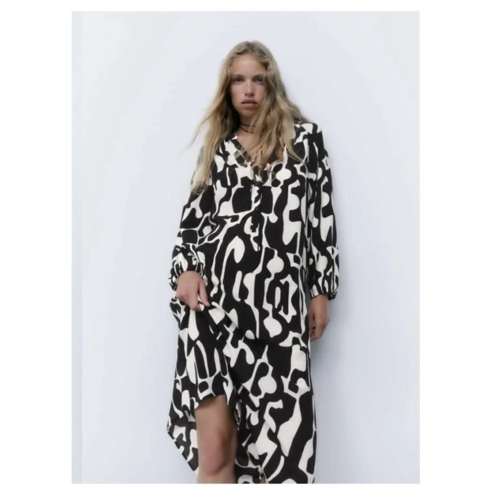 ZARA • Beautiful Abstract Design Black & White Patterned Midi Dress - Picture 1 of 16